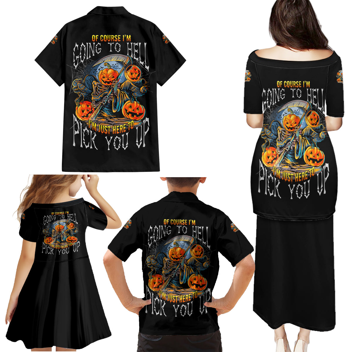Of Course I'm Going To Hell Skull Pumpkin Halloween Family Matching Puletasi Dress and Hawaiian Shirt - Wonder Print Shop