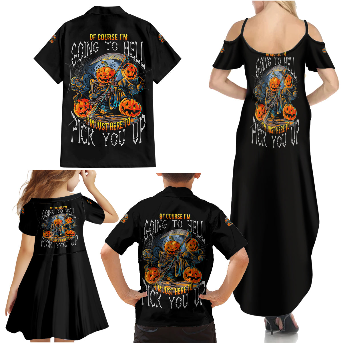Of Course I'm Going To Hell Skull Pumpkin Halloween Family Matching Summer Maxi Dress and Hawaiian Shirt - Wonder Print Shop