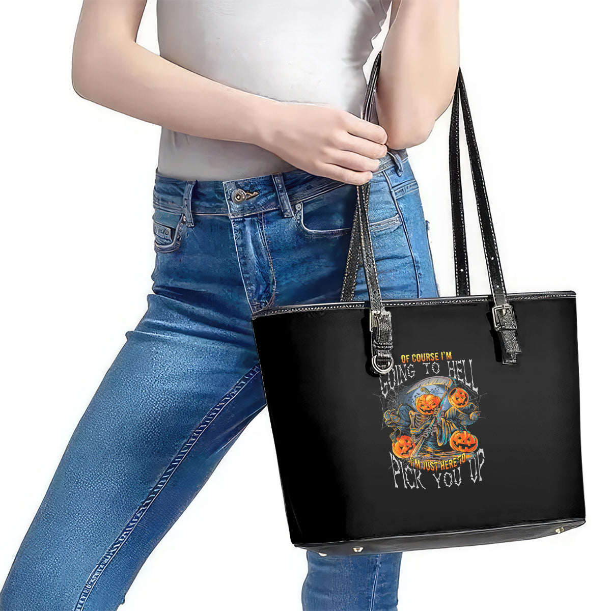 Of Course I'm Going To Hell Skull Pumpkin Halloween Leather Tote Bag - Wonder Print Shop