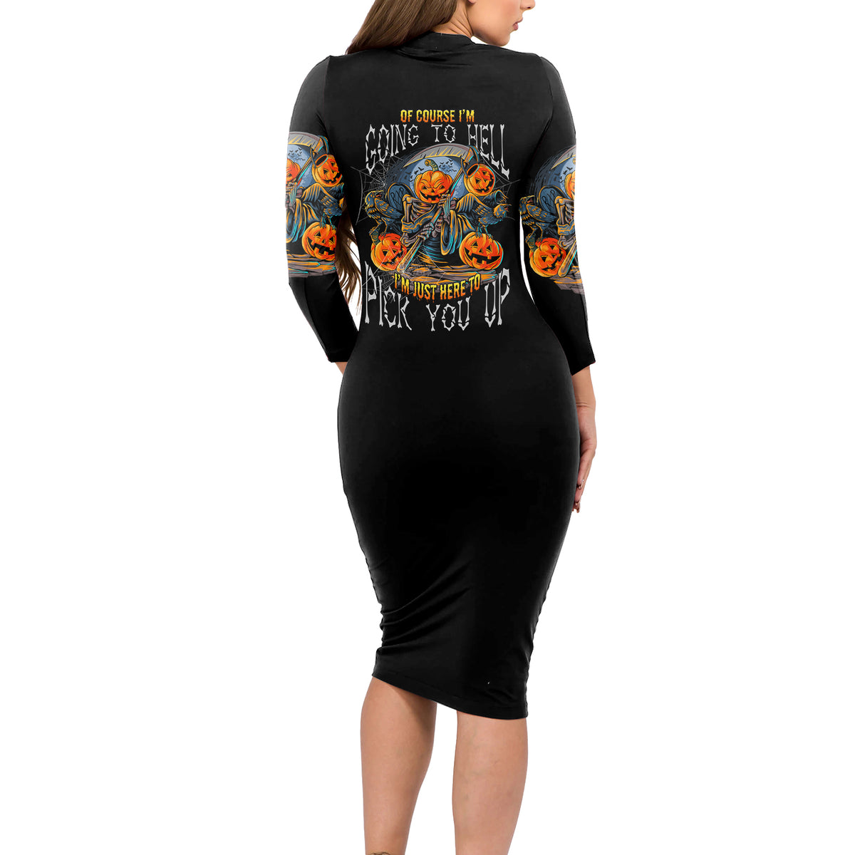 Of Course I'm Going To Hell Skull Pumpkin Halloween Long Sleeve Bodycon Dress - Wonder Print Shop