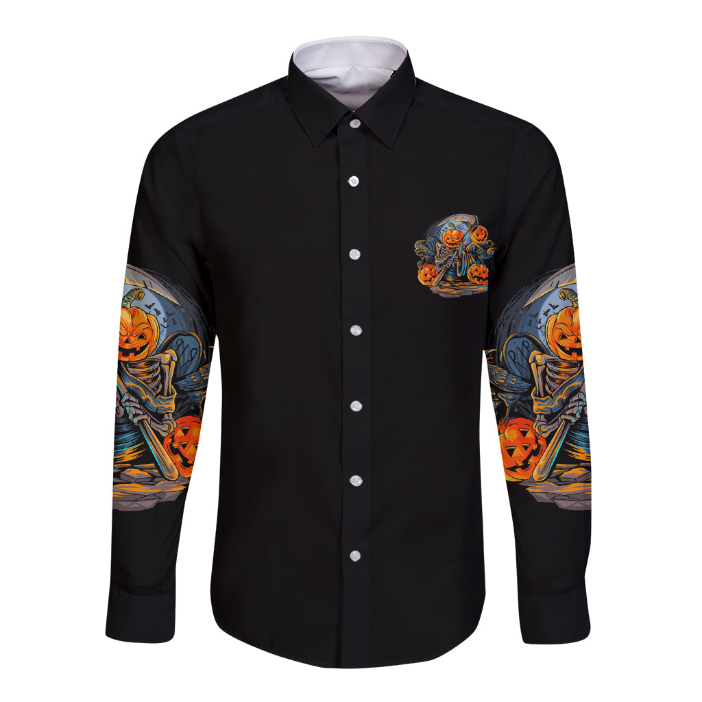 Of Course I'm Going To Hell Skull Pumpkin Halloween Long Sleeve Button Shirt - Wonder Print Shop