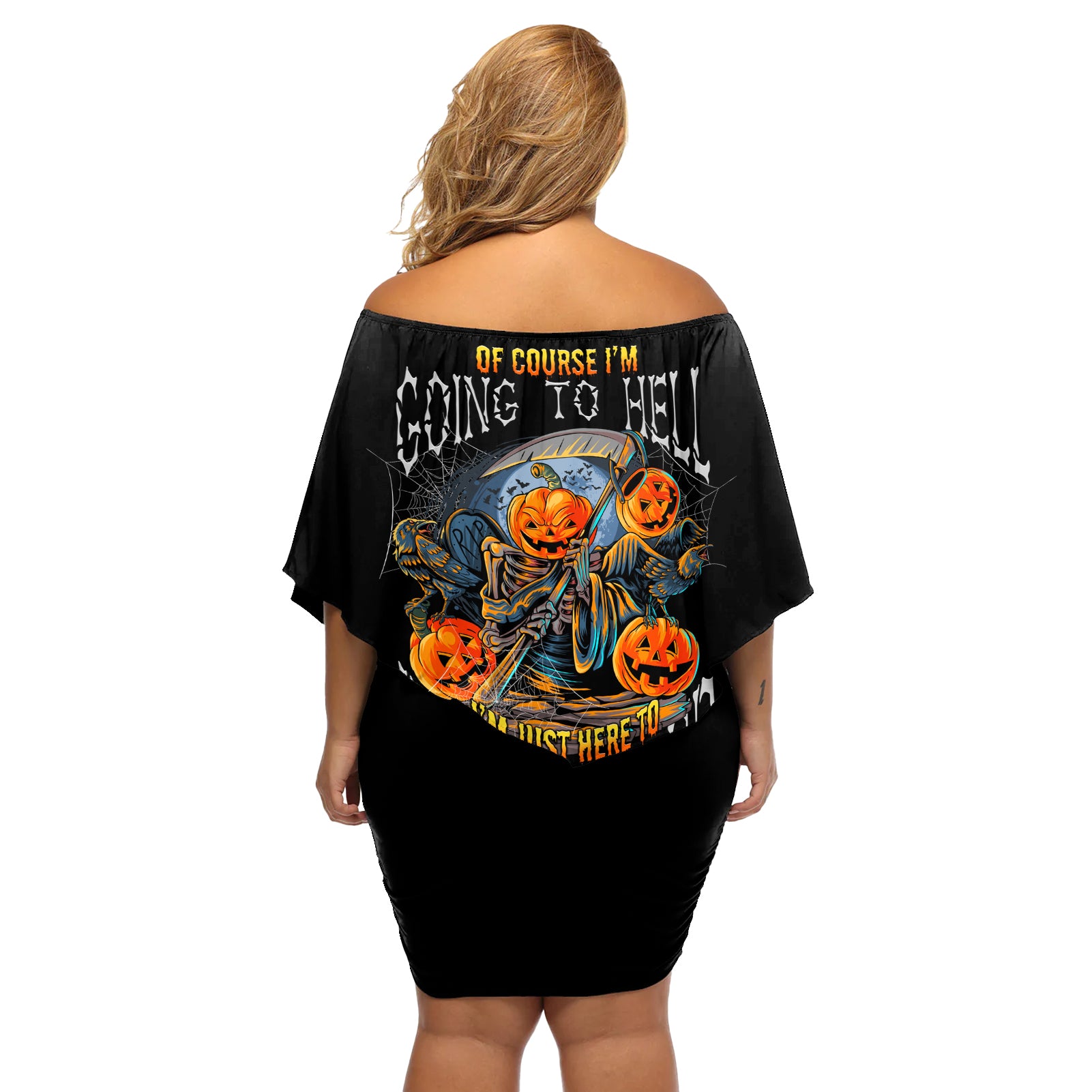 Of Course I'm Going To Hell Skull Pumpkin Halloween Off Shoulder Short Dress - Wonder Print Shop