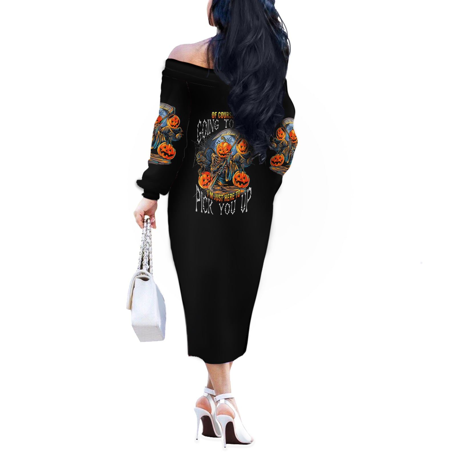 Of Course I'm Going To Hell Skull Pumpkin Halloween Off The Shoulder Long Sleeve Dress - Wonder Print Shop
