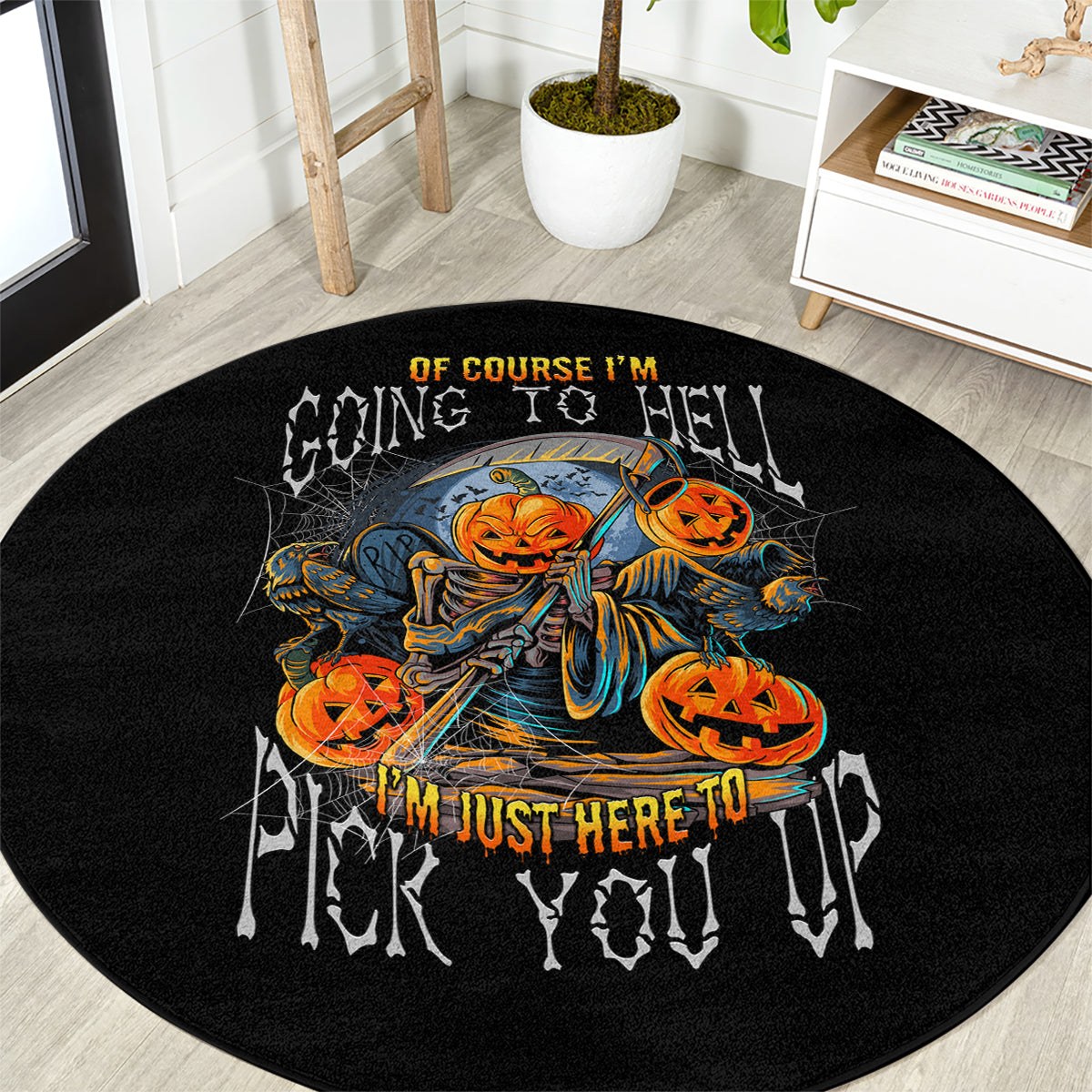 of-course-im-going-to-hell-skull-pumpkin-halloween-round-carpet