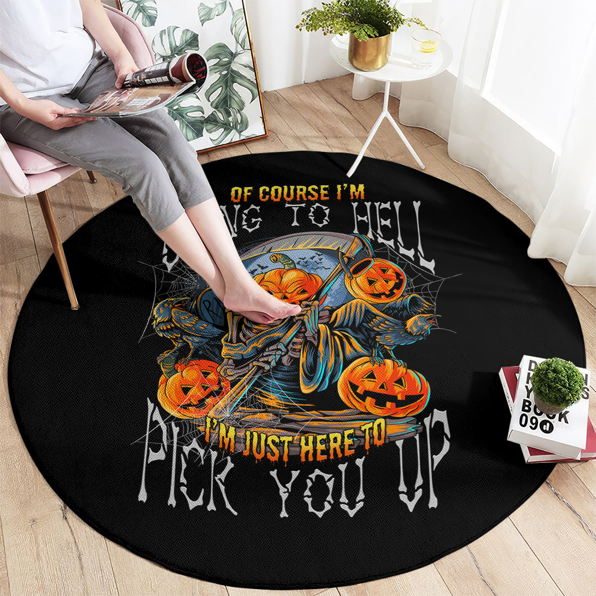 of-course-im-going-to-hell-skull-pumpkin-halloween-round-carpet