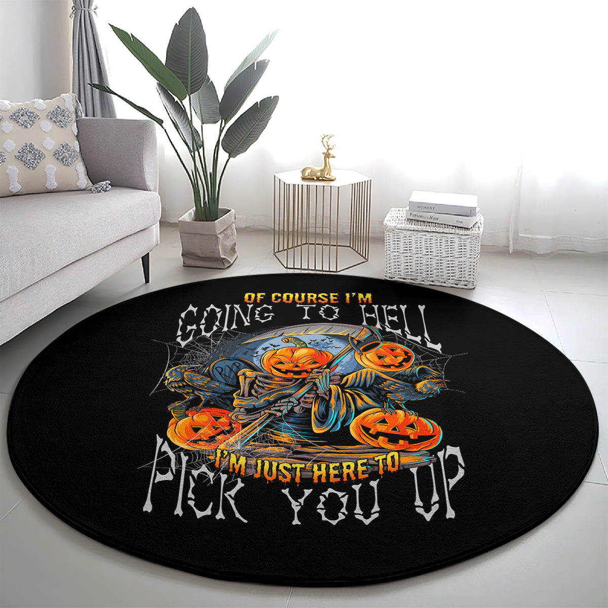 of-course-im-going-to-hell-skull-pumpkin-halloween-round-carpet