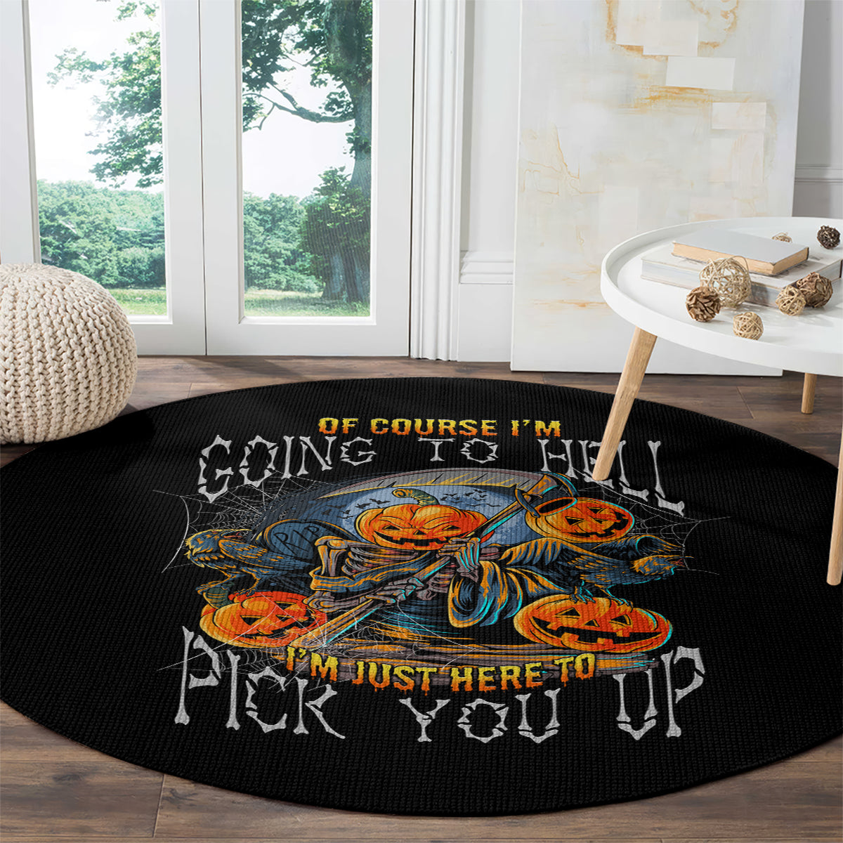 of-course-im-going-to-hell-skull-pumpkin-halloween-round-carpet