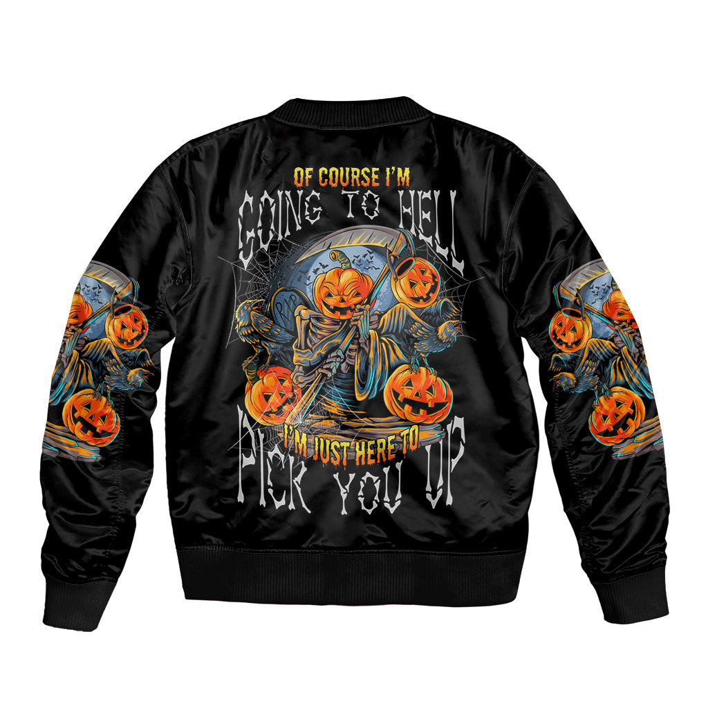 Of Course I'm Going To Hell Skull Pumpkin Halloween Sleeve Zip Bomber Jacket - Wonder Print Shop
