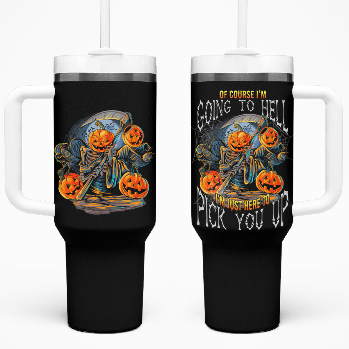 Of Course I'm Going To Hell Skull Pumpkin Halloween Tumbler With Handle - Wonder Print Shop