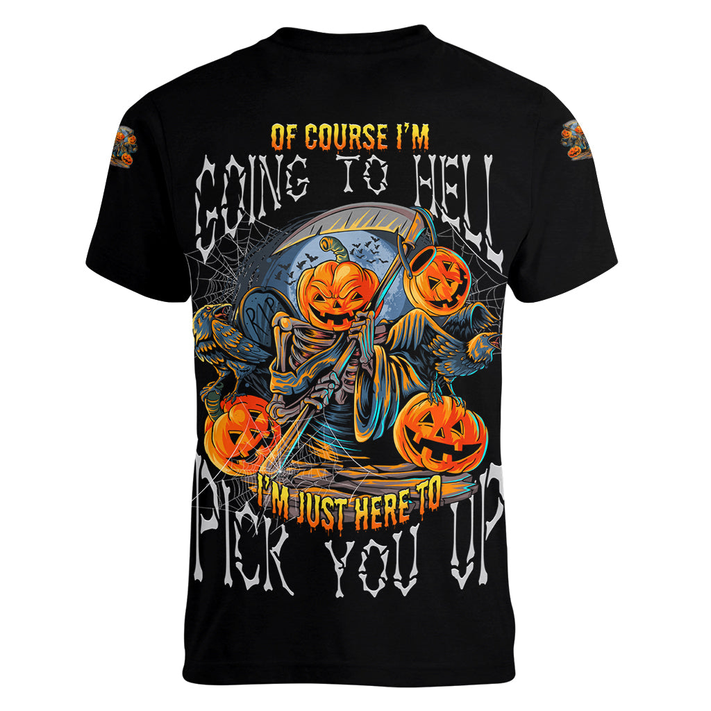 Of Course I'm Going To Hell Skull Pumpkin Halloween Women V Neck T Shirt - Wonder Print Shop