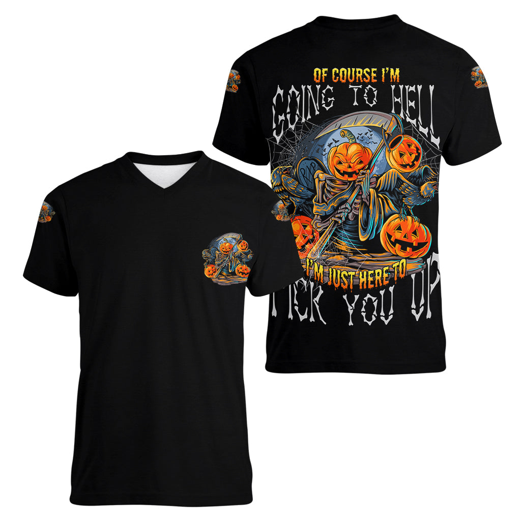 Of Course I'm Going To Hell Skull Pumpkin Halloween Women V Neck T Shirt - Wonder Print Shop