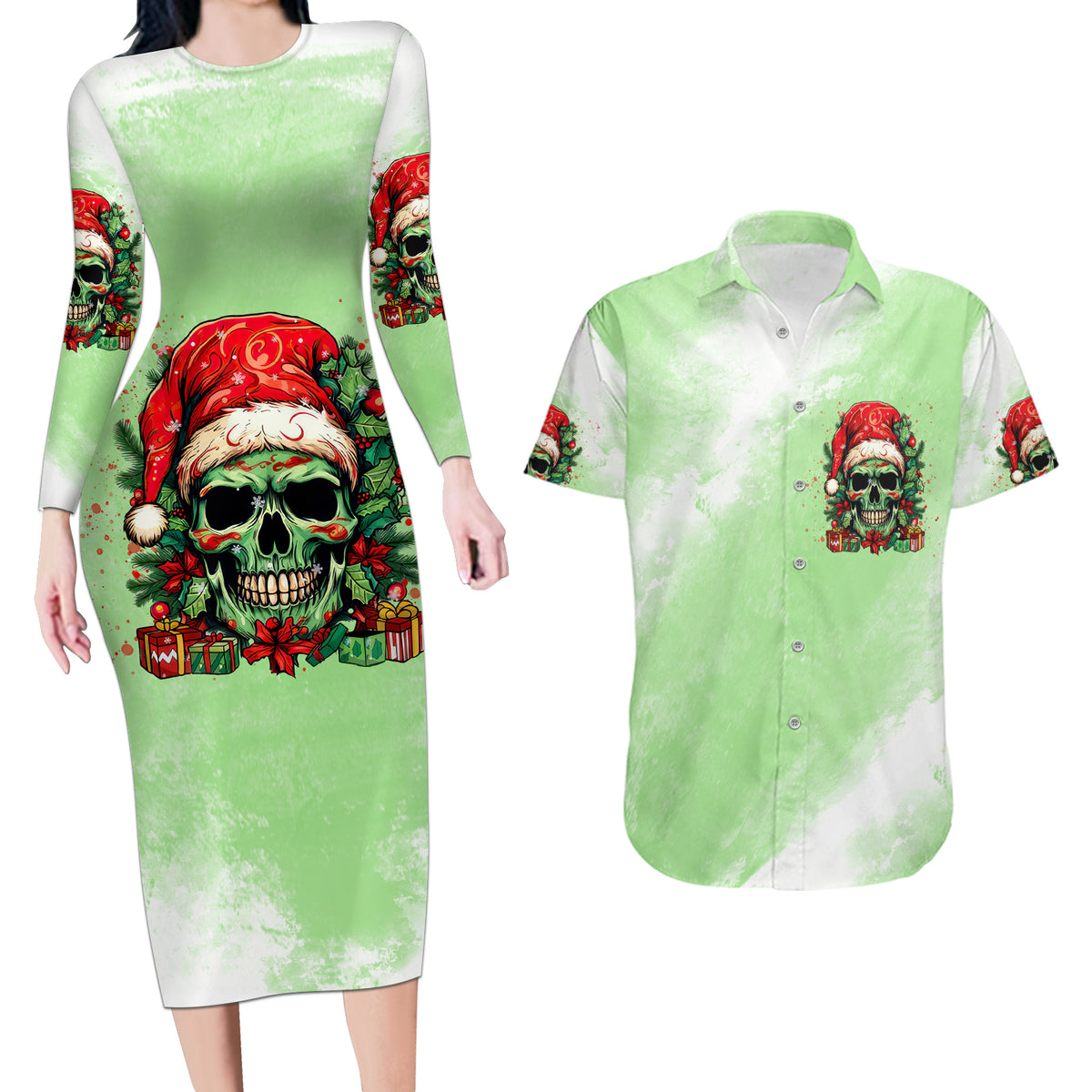 On The Naughty List Skull Christmas Couples Matching Long Sleeve Bodycon Dress and Hawaiian Shirt - Wonder Print Shop