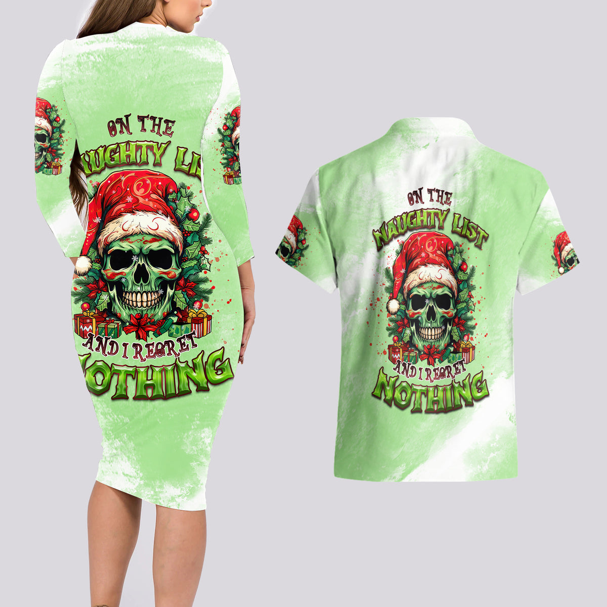 On The Naughty List Skull Christmas Couples Matching Long Sleeve Bodycon Dress and Hawaiian Shirt - Wonder Print Shop
