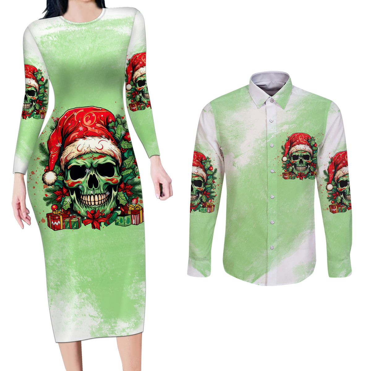 On The Naughty List Skull Christmas Couples Matching Long Sleeve Bodycon Dress and Long Sleeve Button Shirt - Wonder Print Shop