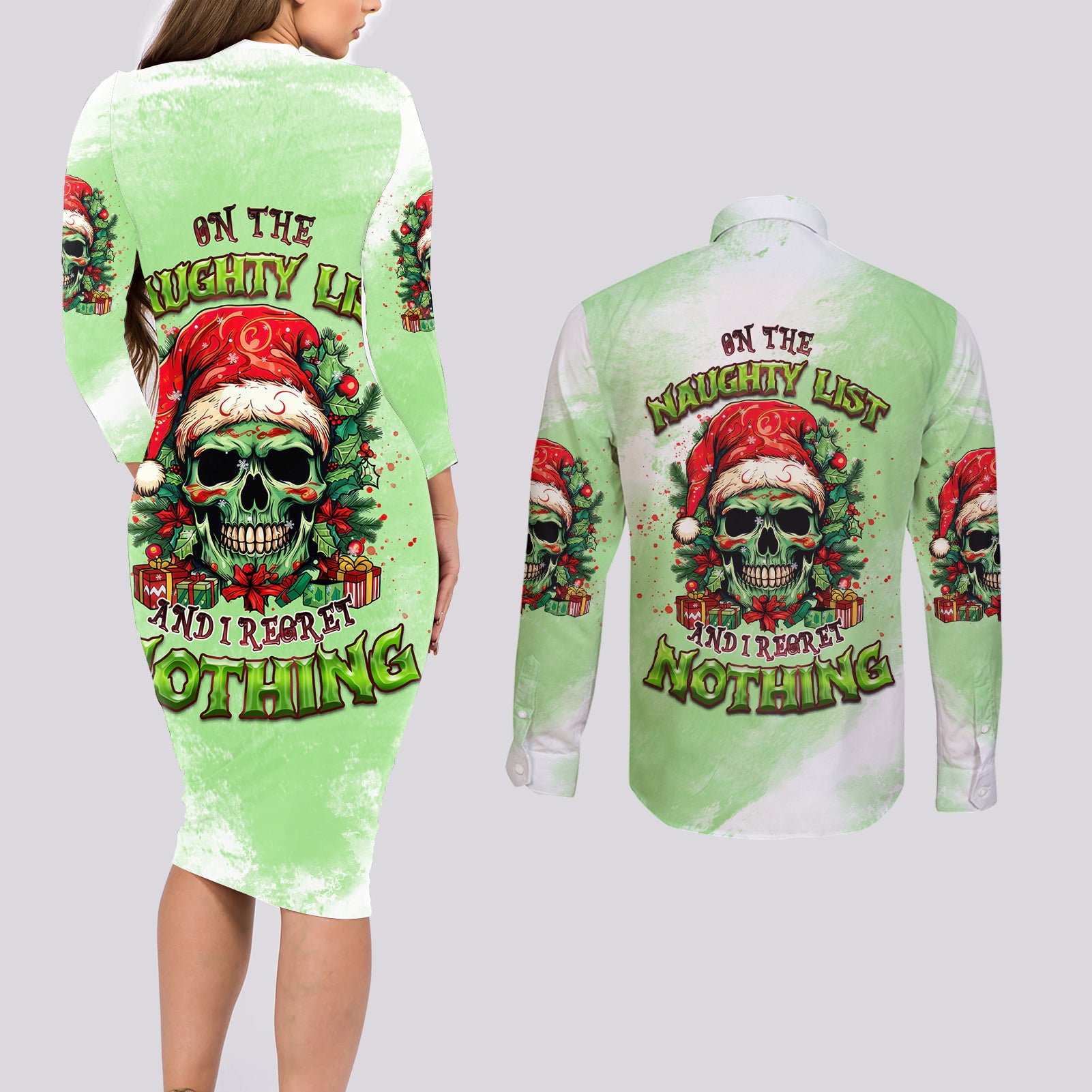 On The Naughty List Skull Christmas Couples Matching Long Sleeve Bodycon Dress and Long Sleeve Button Shirt - Wonder Print Shop