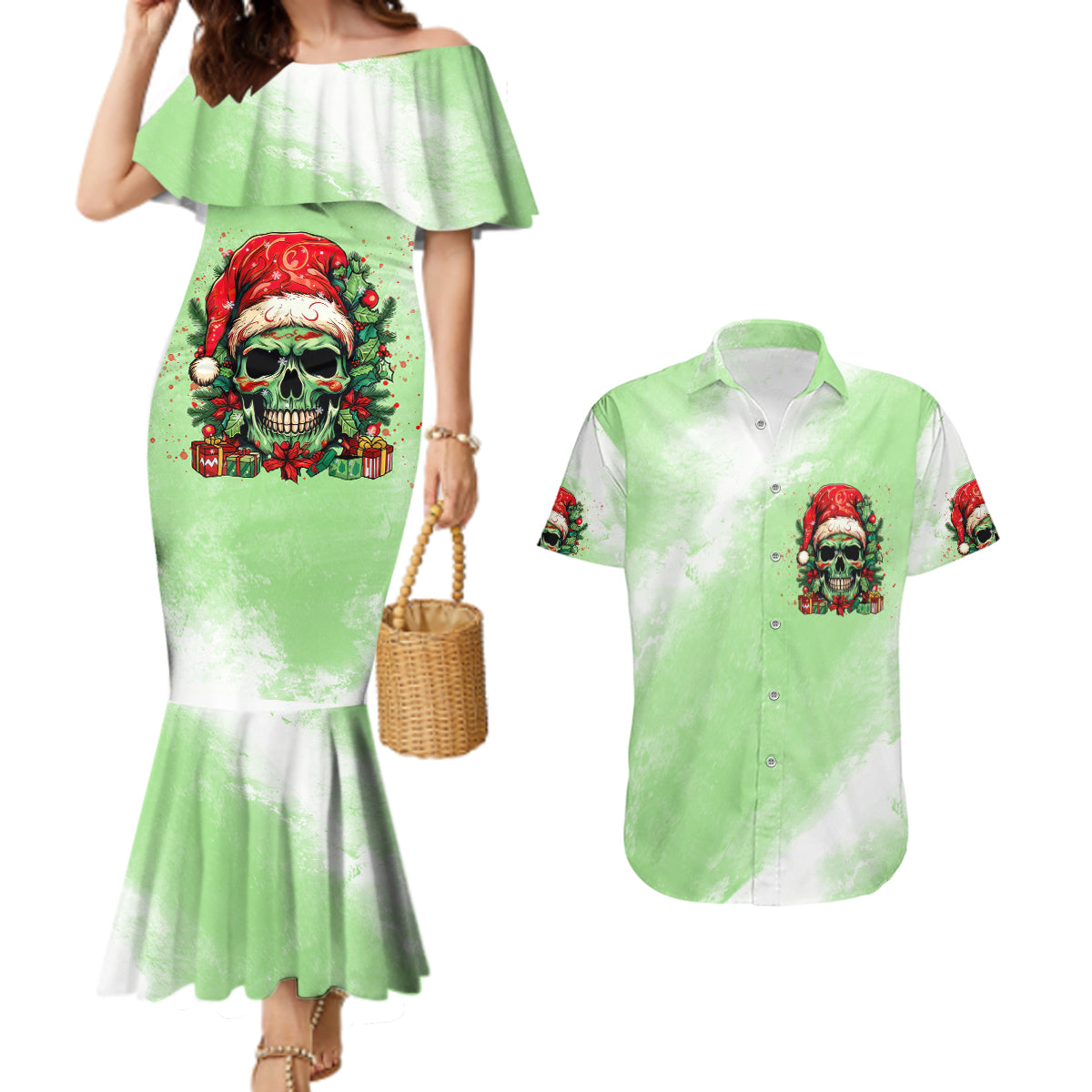 On The Naughty List Skull Christmas Couples Matching Mermaid Dress and Hawaiian Shirt - Wonder Print Shop