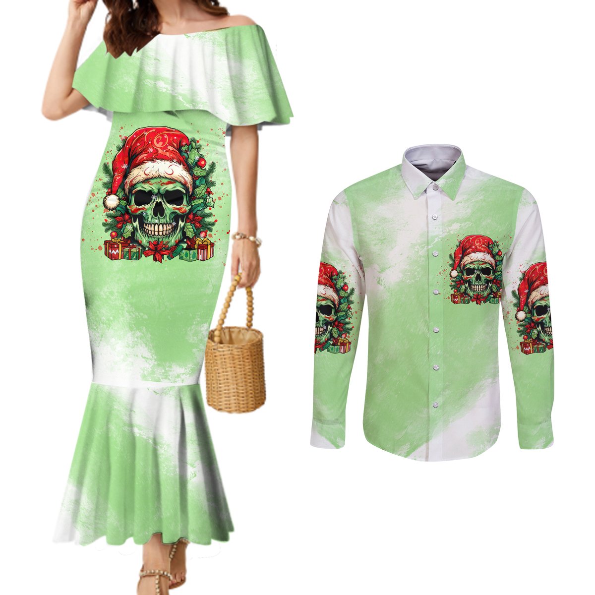 on-the-naughty-list-skull-christmas-couples-matching-mermaid-dress-and-long-sleeve-button-shirt