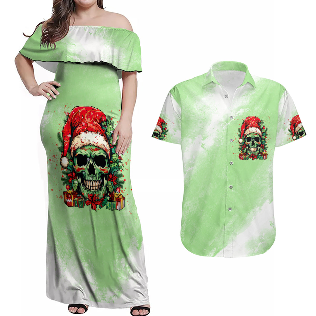 On The Naughty List Skull Christmas Couples Matching Off Shoulder Maxi Dress and Hawaiian Shirt - Wonder Print Shop