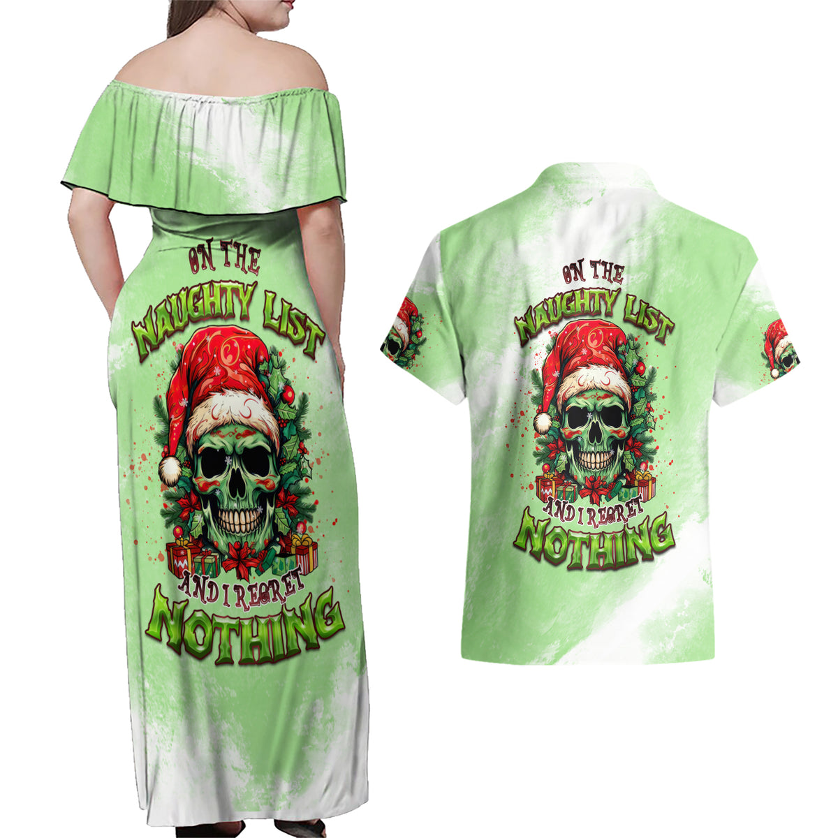 On The Naughty List Skull Christmas Couples Matching Off Shoulder Maxi Dress and Hawaiian Shirt - Wonder Print Shop
