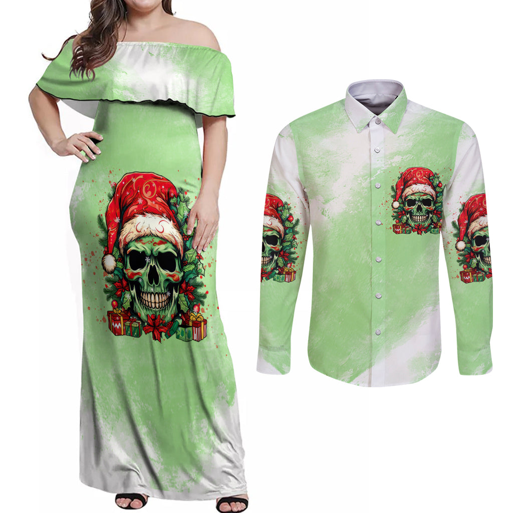 On The Naughty List Skull Christmas Couples Matching Off Shoulder Maxi Dress and Long Sleeve Button Shirt - Wonder Print Shop