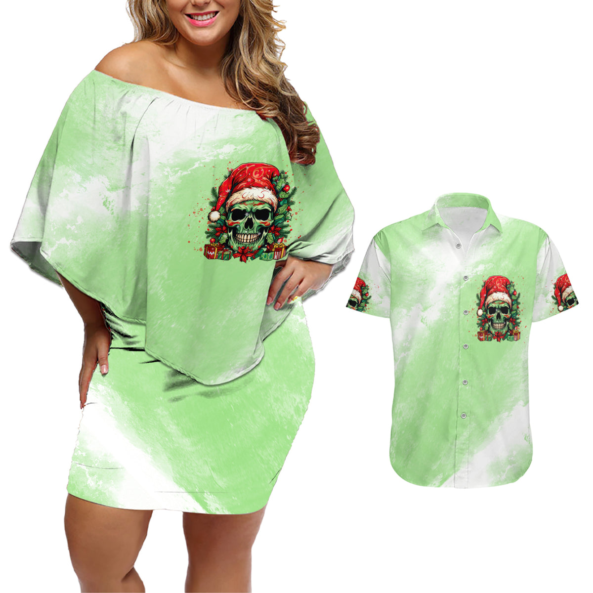 On The Naughty List Skull Christmas Couples Matching Off Shoulder Short Dress and Hawaiian Shirt - Wonder Print Shop