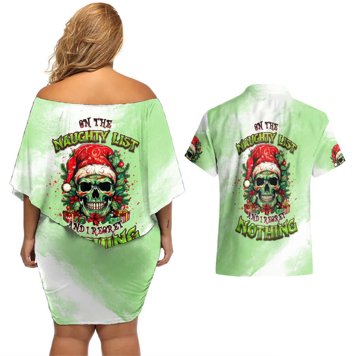 On The Naughty List Skull Christmas Couples Matching Off Shoulder Short Dress and Hawaiian Shirt - Wonder Print Shop