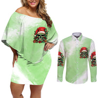 On The Naughty List Skull Christmas Couples Matching Off Shoulder Short Dress and Long Sleeve Button Shirt - Wonder Print Shop