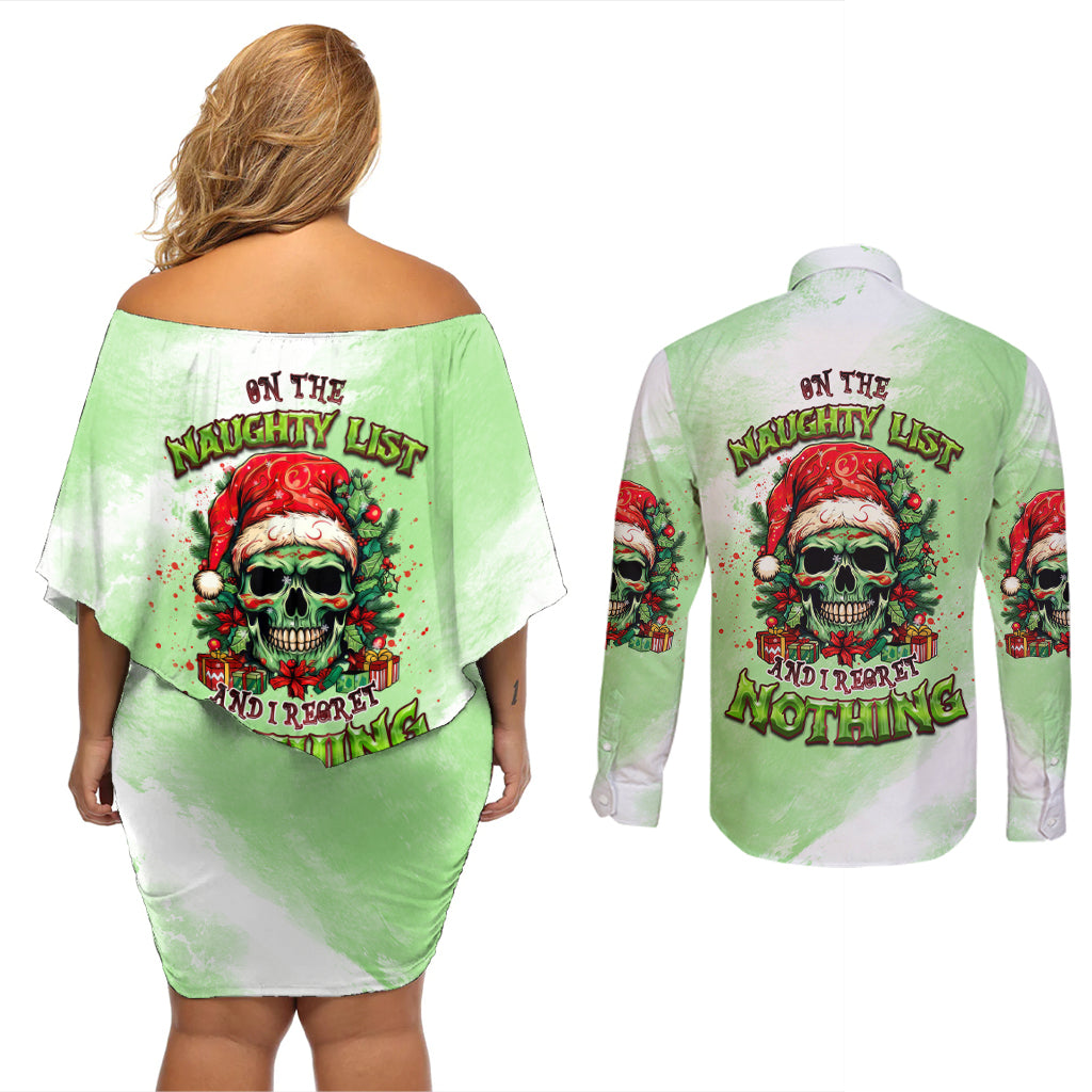 On The Naughty List Skull Christmas Couples Matching Off Shoulder Short Dress and Long Sleeve Button Shirt - Wonder Print Shop