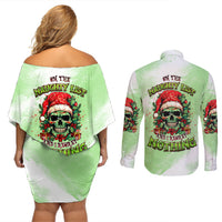 On The Naughty List Skull Christmas Couples Matching Off Shoulder Short Dress and Long Sleeve Button Shirt - Wonder Print Shop