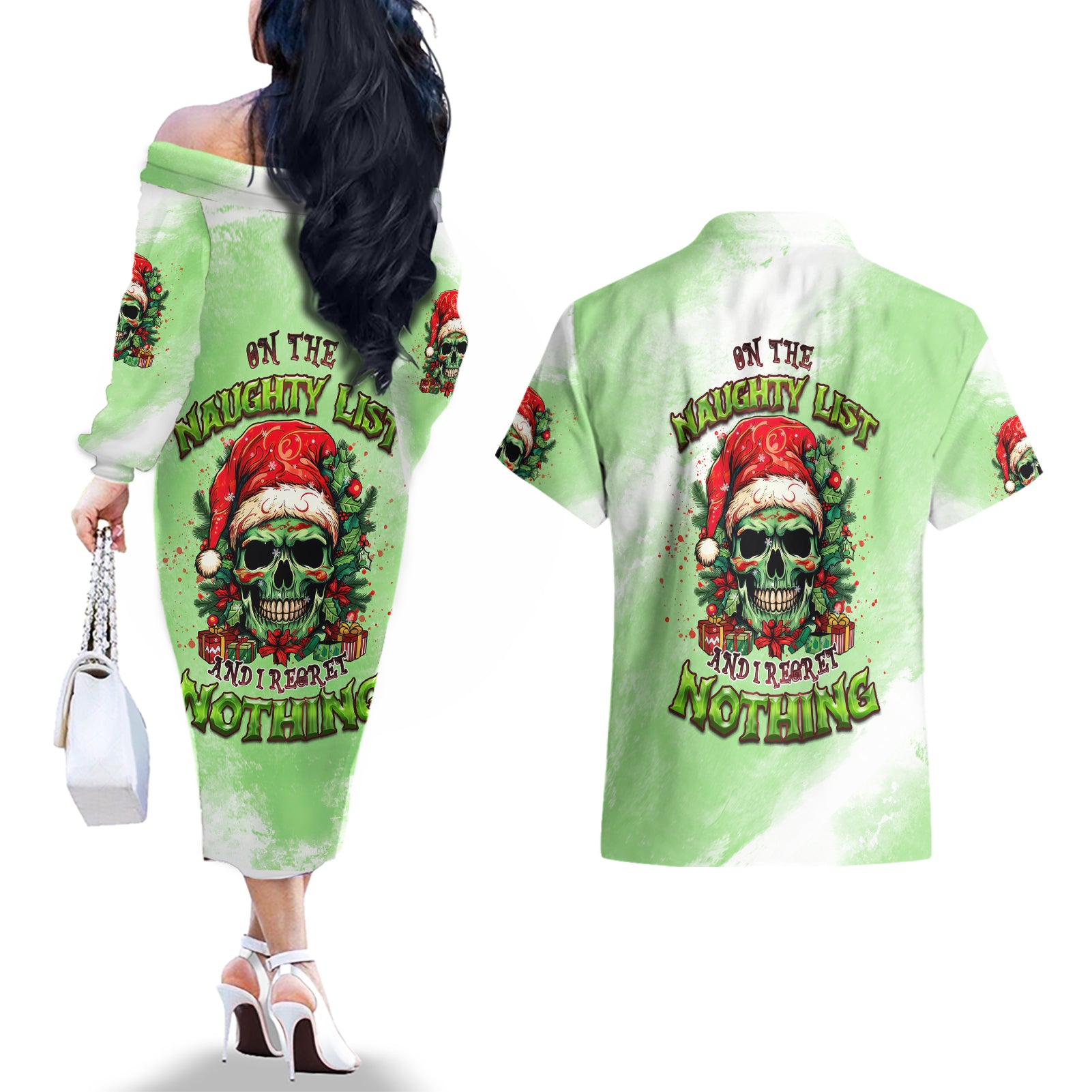On The Naughty List Skull Christmas Couples Matching Off The Shoulder Long Sleeve Dress and Hawaiian Shirt - Wonder Print Shop