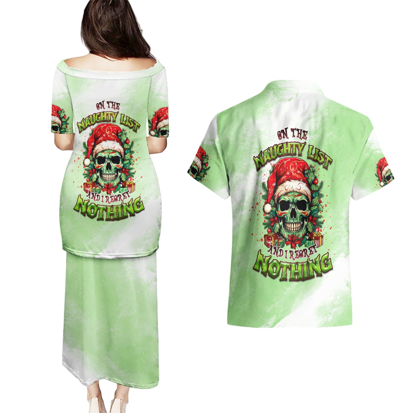 On The Naughty List Skull Christmas Couples Matching Puletasi Dress and Hawaiian Shirt - Wonder Print Shop