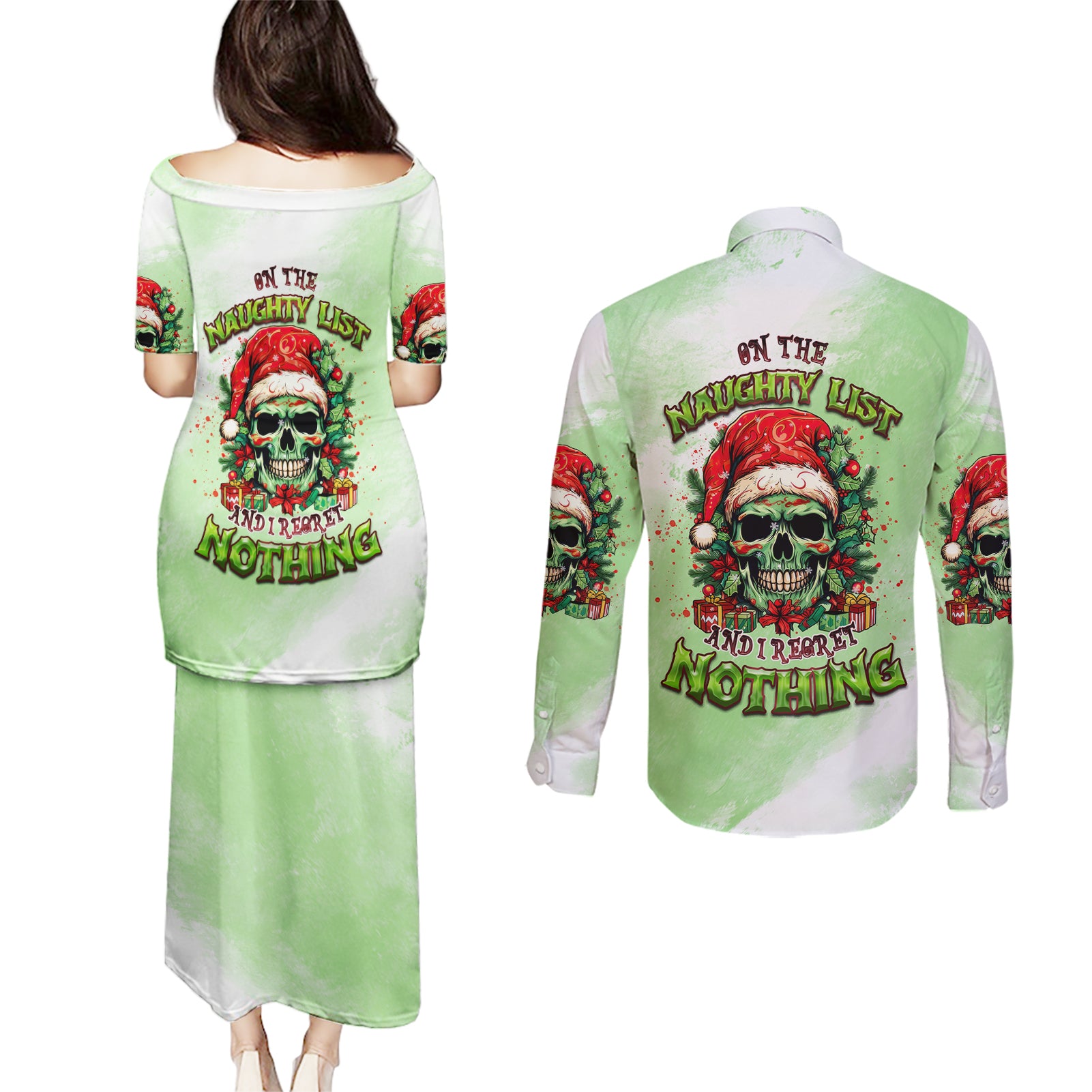 On The Naughty List Skull Christmas Couples Matching Puletasi Dress and Long Sleeve Button Shirt - Wonder Print Shop