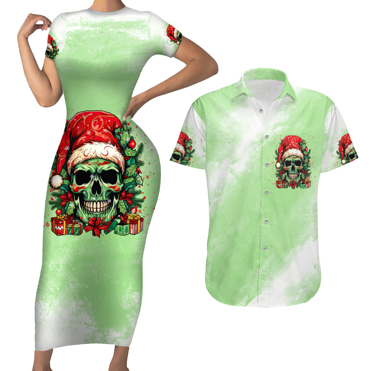 On The Naughty List Skull Christmas Couples Matching Short Sleeve Bodycon Dress and Hawaiian Shirt - Wonder Print Shop