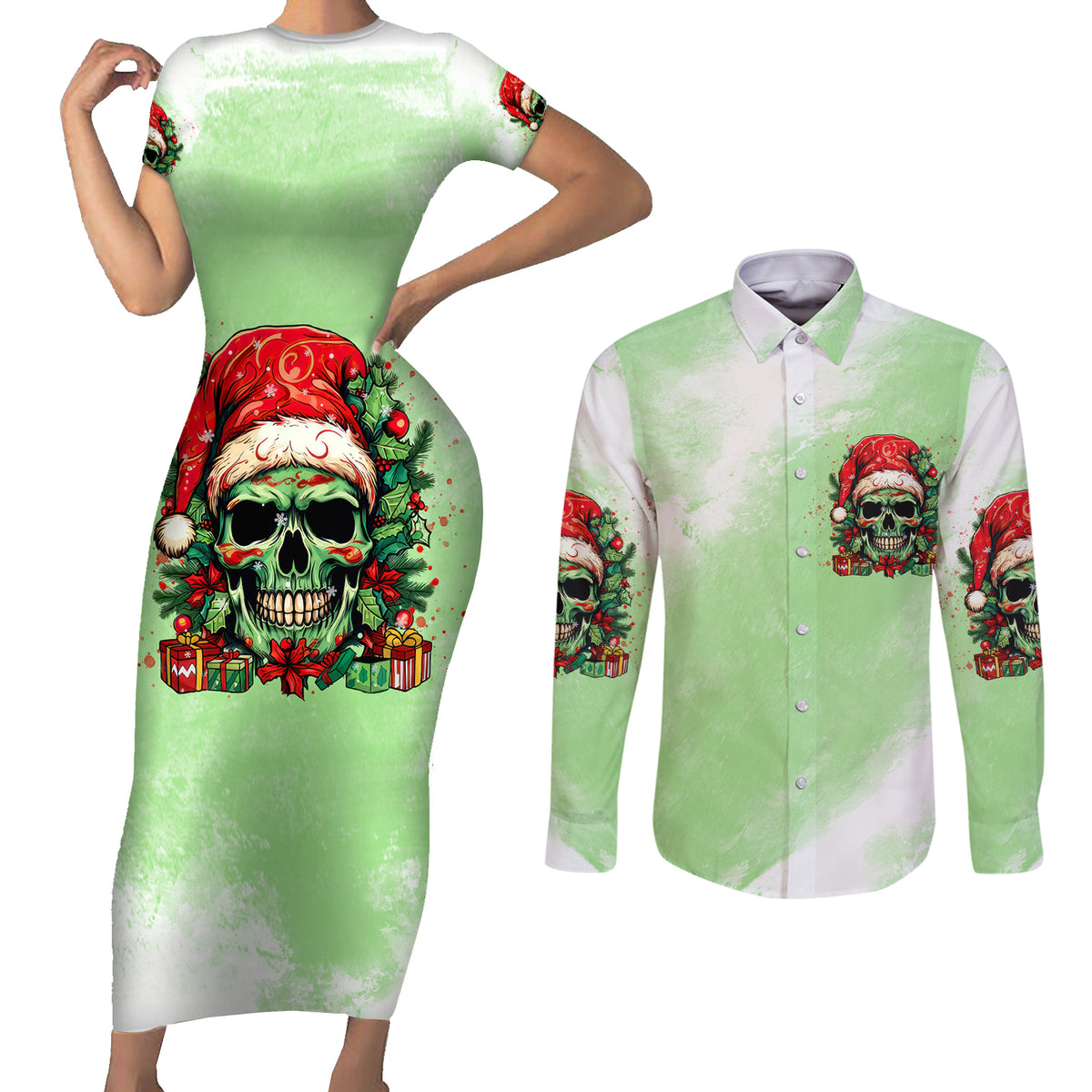 On The Naughty List Skull Christmas Couples Matching Short Sleeve Bodycon Dress and Long Sleeve Button Shirt - Wonder Print Shop