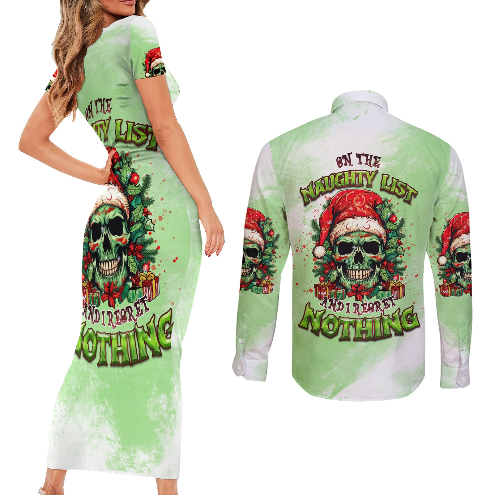 On The Naughty List Skull Christmas Couples Matching Short Sleeve Bodycon Dress and Long Sleeve Button Shirt - Wonder Print Shop