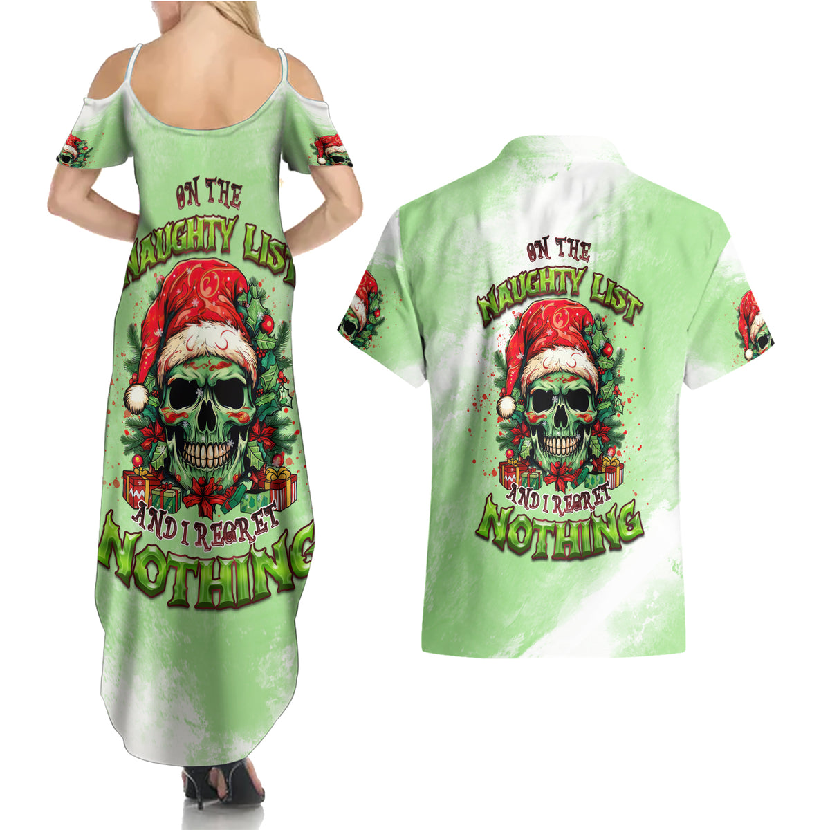 On The Naughty List Skull Christmas Couples Matching Summer Maxi Dress and Hawaiian Shirt - Wonder Print Shop