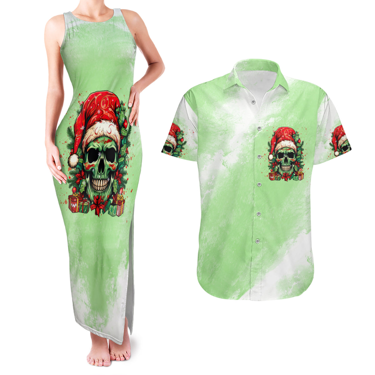 On The Naughty List Skull Christmas Couples Matching Tank Maxi Dress and Hawaiian Shirt - Wonder Print Shop