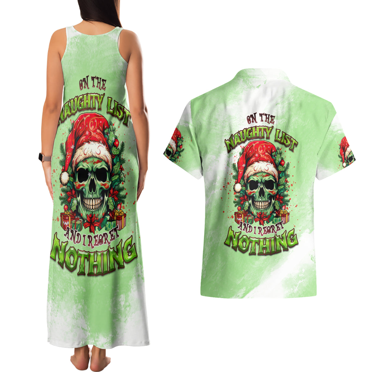 On The Naughty List Skull Christmas Couples Matching Tank Maxi Dress and Hawaiian Shirt - Wonder Print Shop
