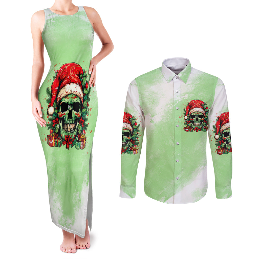 On The Naughty List Skull Christmas Couples Matching Tank Maxi Dress and Long Sleeve Button Shirt - Wonder Print Shop