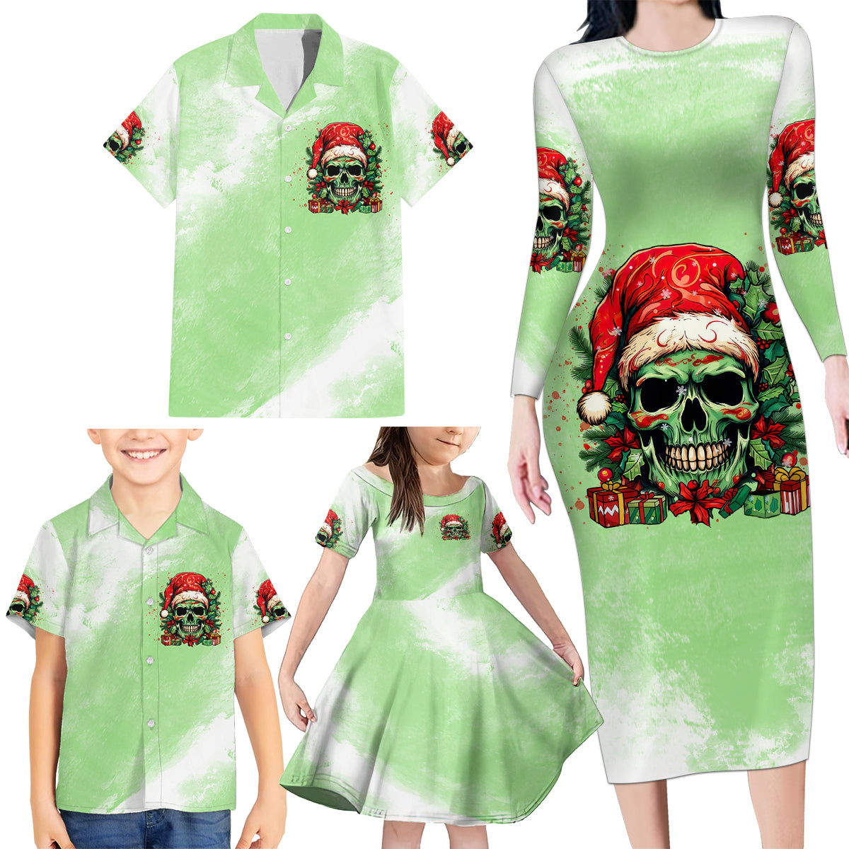 On The Naughty List Skull Christmas Family Matching Long Sleeve Bodycon Dress and Hawaiian Shirt - Wonder Print Shop