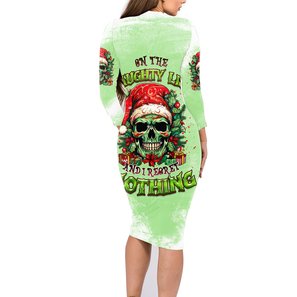 On The Naughty List Skull Christmas Family Matching Long Sleeve Bodycon Dress and Hawaiian Shirt - Wonder Print Shop