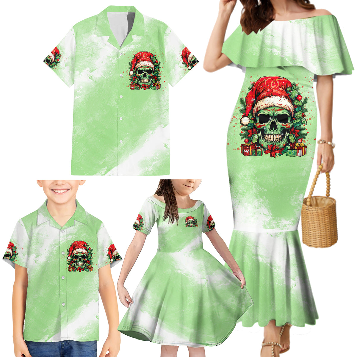 On The Naughty List Skull Christmas Family Matching Mermaid Dress and Hawaiian Shirt - Wonder Print Shop