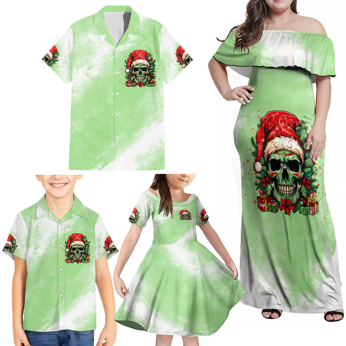 On The Naughty List Skull Christmas Family Matching Off Shoulder Maxi Dress and Hawaiian Shirt - Wonder Print Shop