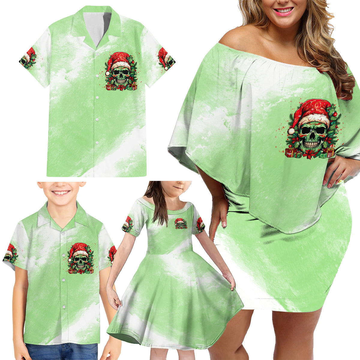 On The Naughty List Skull Christmas Family Matching Off Shoulder Short Dress and Hawaiian Shirt - Wonder Print Shop