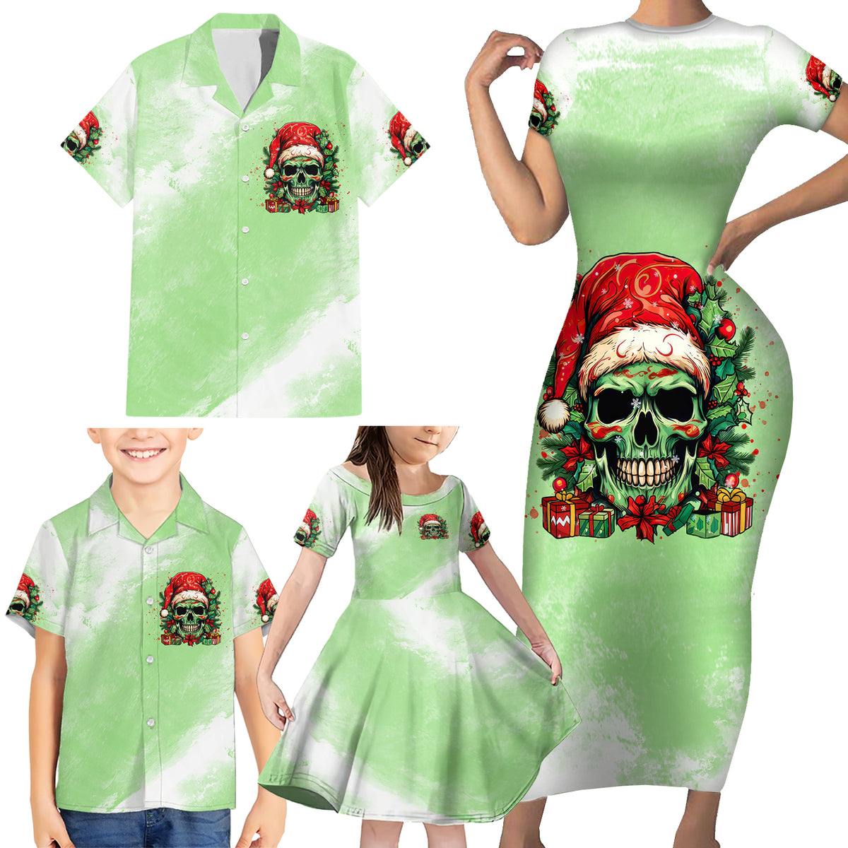 On The Naughty List Skull Christmas Family Matching Short Sleeve Bodycon Dress and Hawaiian Shirt - Wonder Print Shop