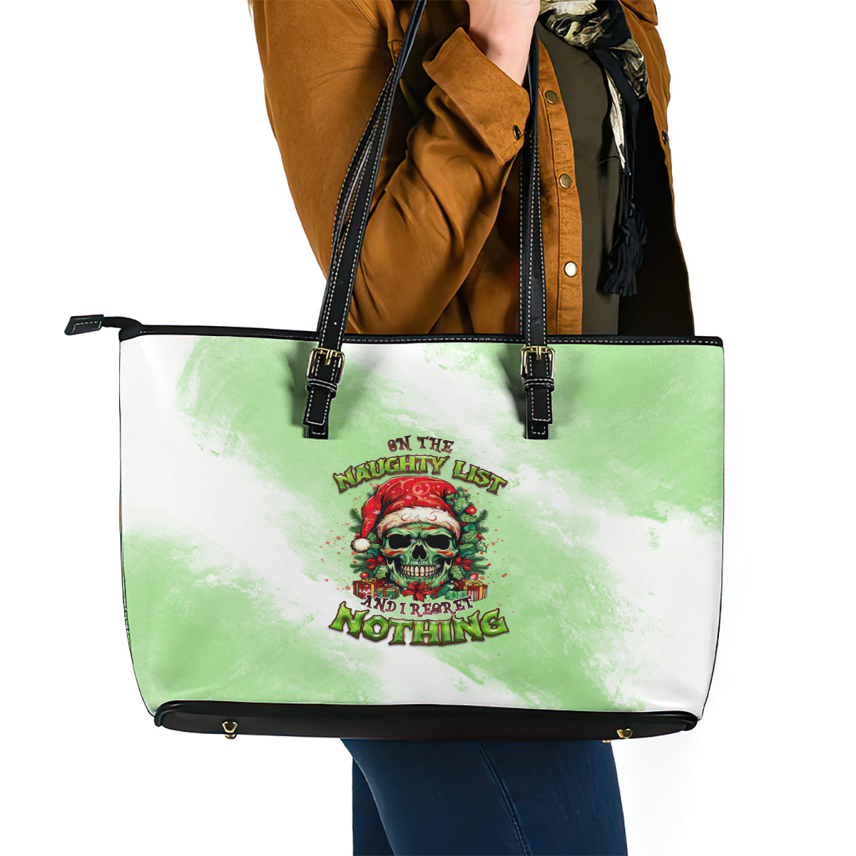 On The Naughty List Skull Christmas Leather Tote Bag - Wonder Print Shop