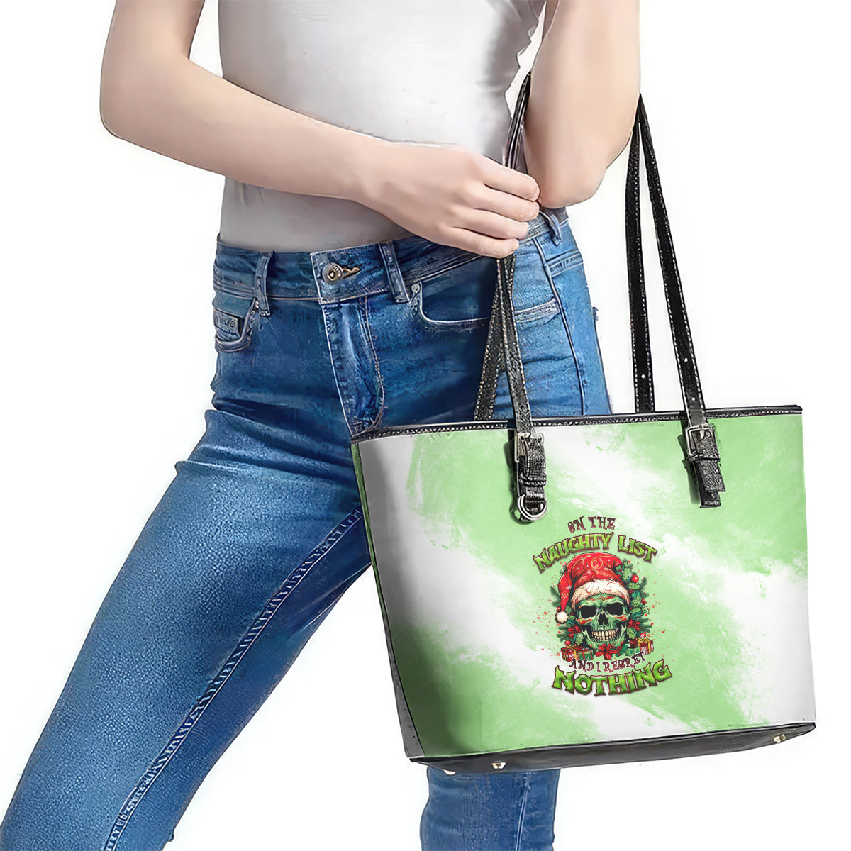 On The Naughty List Skull Christmas Leather Tote Bag - Wonder Print Shop