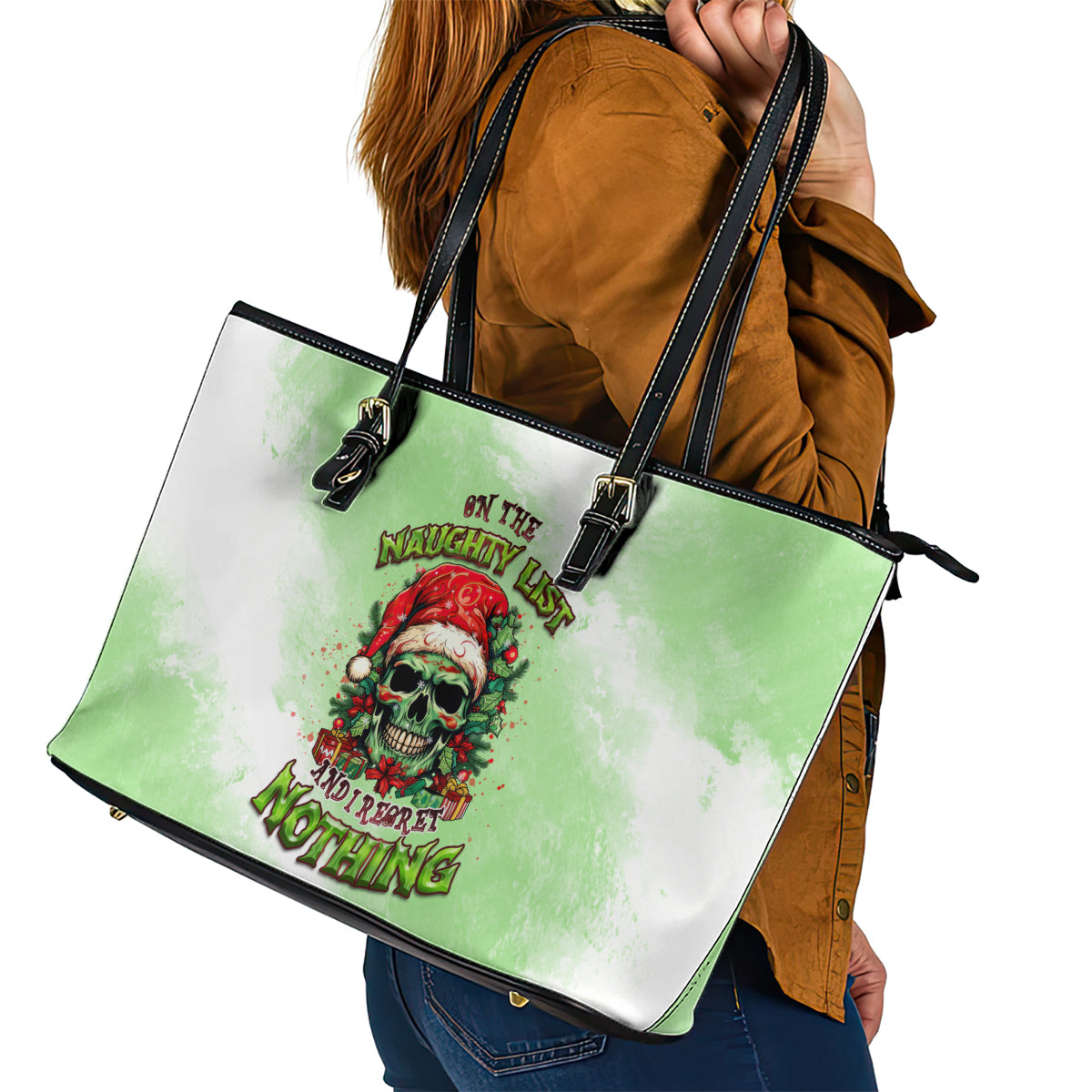 On The Naughty List Skull Christmas Leather Tote Bag - Wonder Print Shop