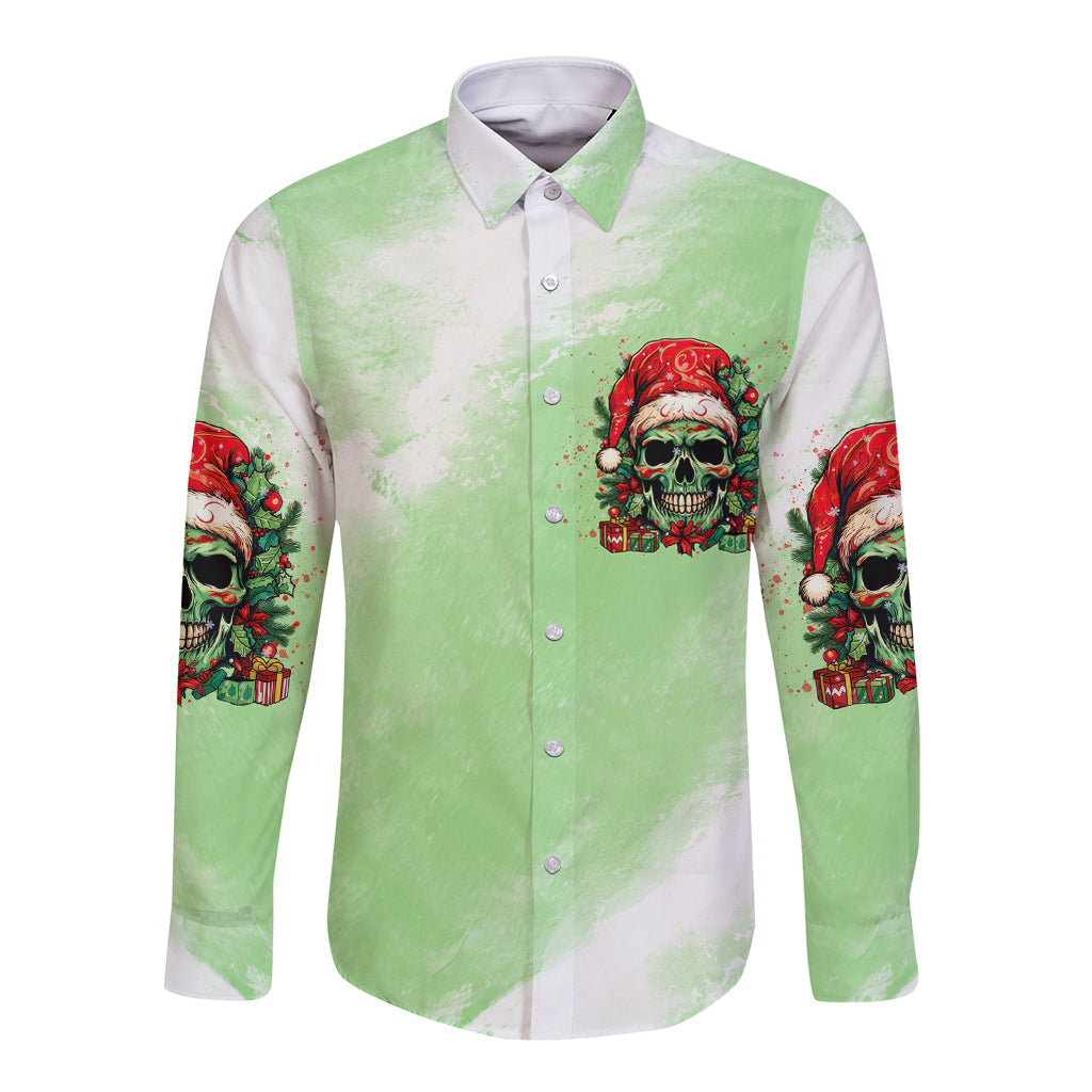On The Naughty List Skull Christmas Long Sleeve Button Shirt - Wonder Print Shop