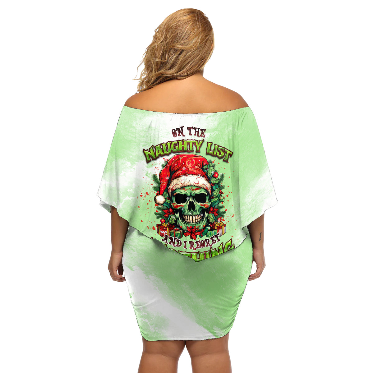 On The Naughty List Skull Christmas Off Shoulder Short Dress - Wonder Print Shop